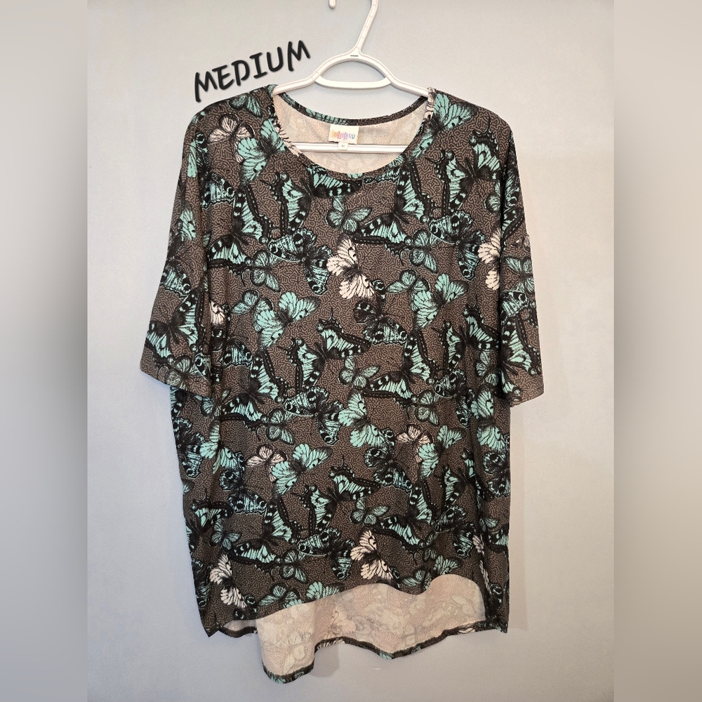 LuLaRoe Irma Tee Size Medium Gray/Blue/Black With Butterflies